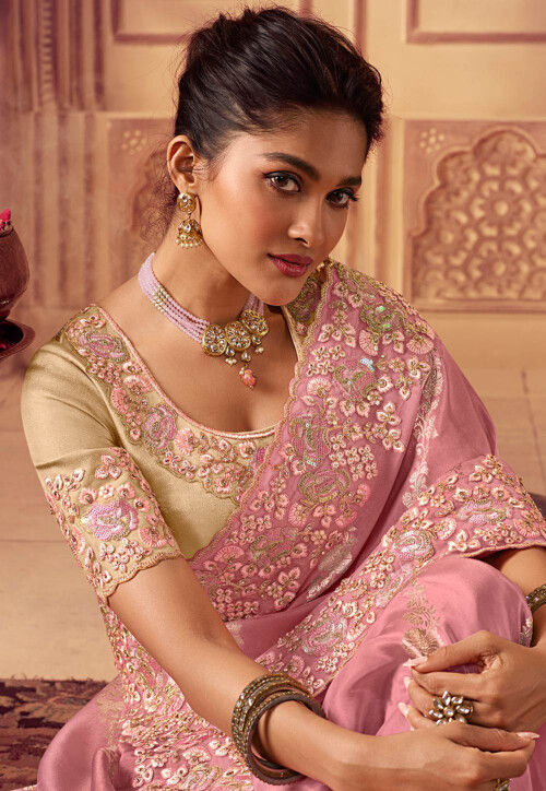 Embroidered Border Viscose Silk Saree in Baby Pink