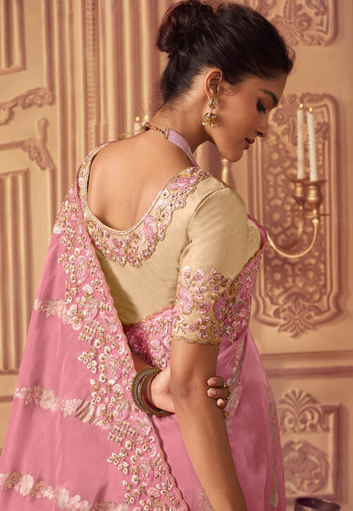 Embroidered Border Viscose Silk Saree in Baby Pink