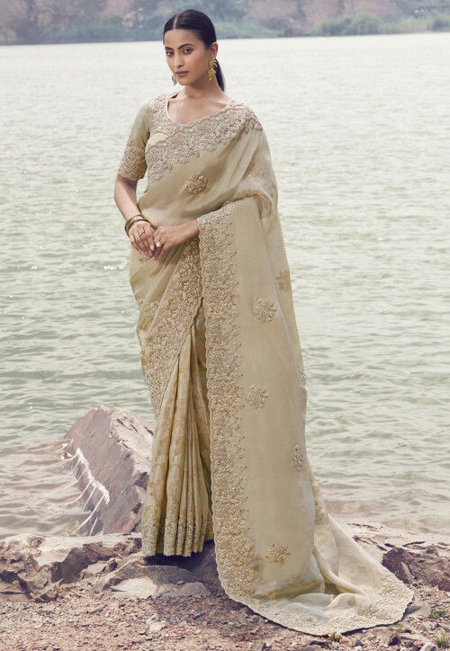 Embroidered Viscose Silk Scalloped Saree in Beige