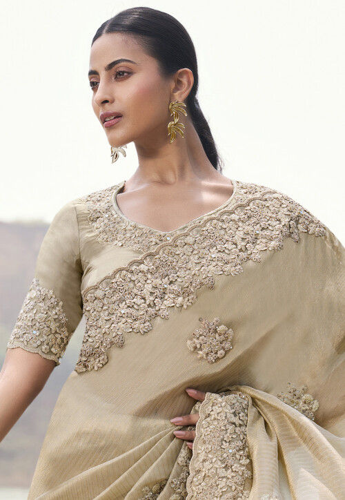 Embroidered Viscose Silk Scalloped Saree in Beige