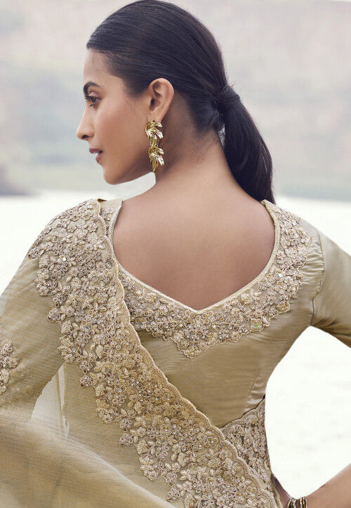 Embroidered Viscose Silk Scalloped Saree in Beige