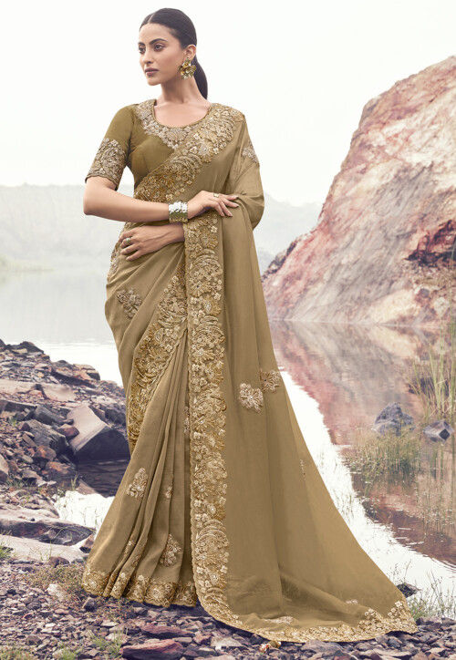 Embroidered Viscose Silk Scalloped Saree in Beige