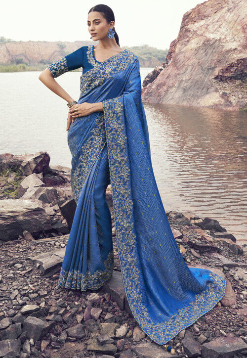 Embroidered Viscose Silk Scalloped Saree in Blue