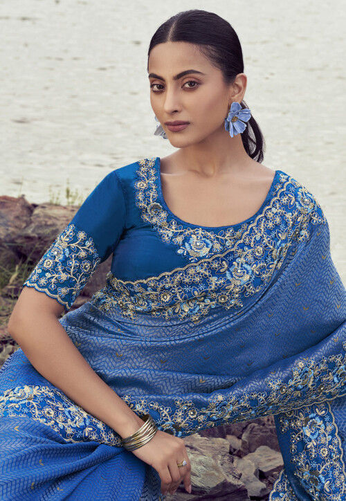 Embroidered Viscose Silk Scalloped Saree in Blue