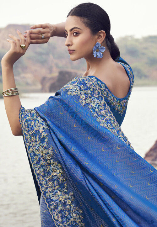 Embroidered Viscose Silk Scalloped Saree in Blue