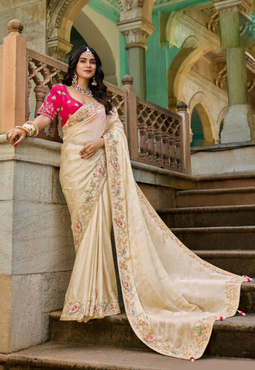 Embroidered Viscose Silk Jacquard Saree in Off White