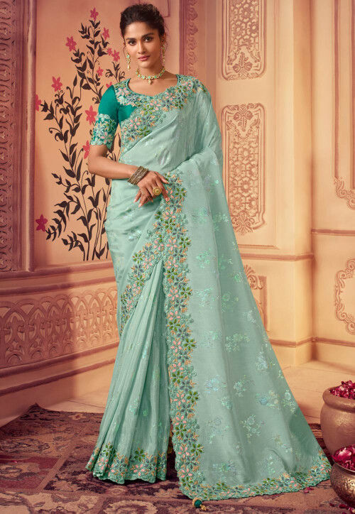 Exquisite Sea Green Georgette Embellished Saree – Tirumala Designers