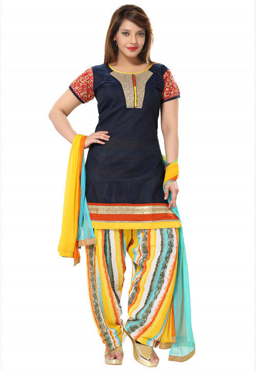 Embroidered Yoke Chanderi Silk Punjabi Suit in Navy Blue