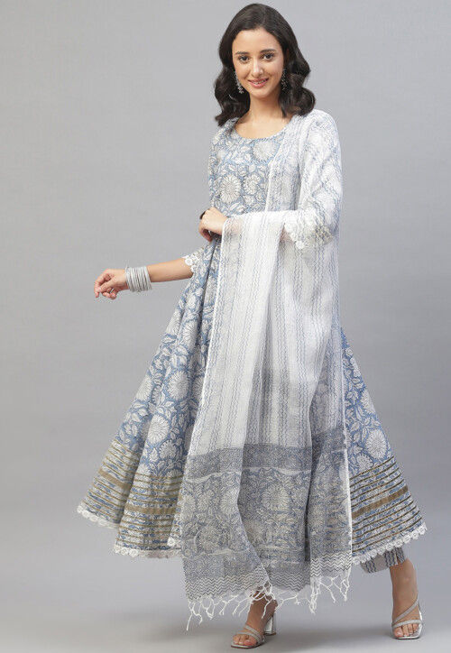 Floral Printed Cotton Pakistani Suit in Light Blue