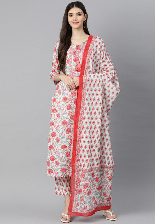 Floral Printed Cotton Pakistani Suit in White