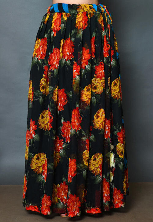 Floral Printed Georgette A Line Skirt in Black