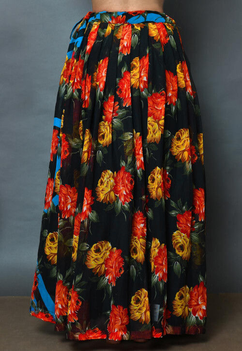 Floral Printed Georgette A Line Skirt in Black