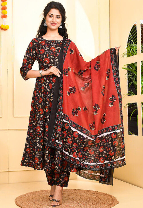Floral Printed Pure Cotton Anarkali Suit in Black