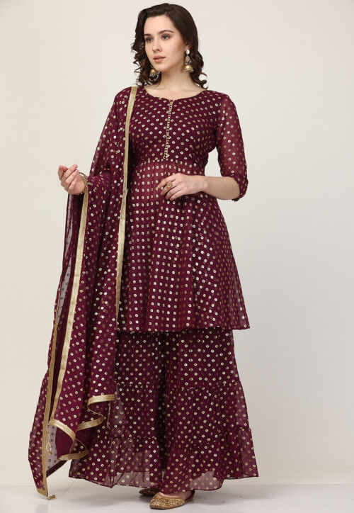 Foil Print Georgette Pakistani Suit in Wine