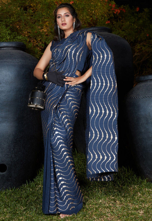 Foil Printed Accordian Polyester Saree in Navy Blue