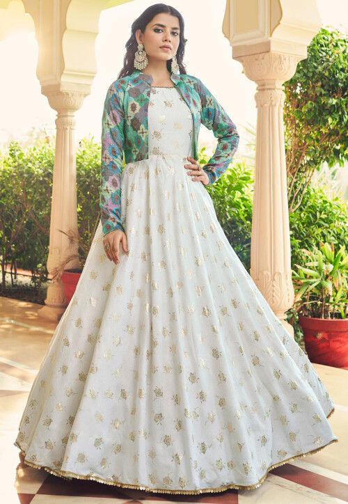 Amazon.com: Indian Art Silk Digital Print Women Long Kali Anarkali Gown  Suit Fancy Diwali Festival Trendy Ready To Wear Party Dress 3044 (Brown,  Small) : Clothing, Shoes & Jewelry