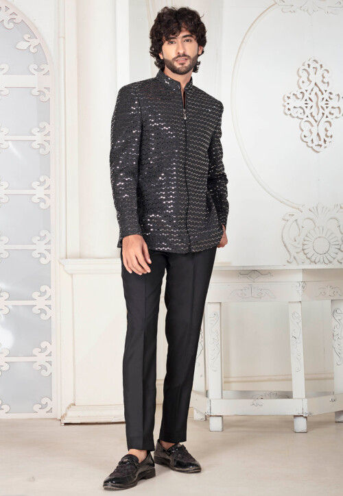 Foil Printed Art Silk Jodhpuri Suit in Black