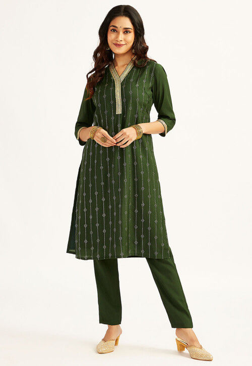 Foil Printed Art Silk Pakistani Suit in Dark Green