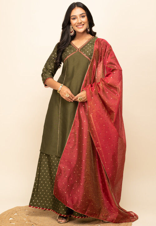 Foil Printed Art Silk Pakistani Suit in Dark Olive Green