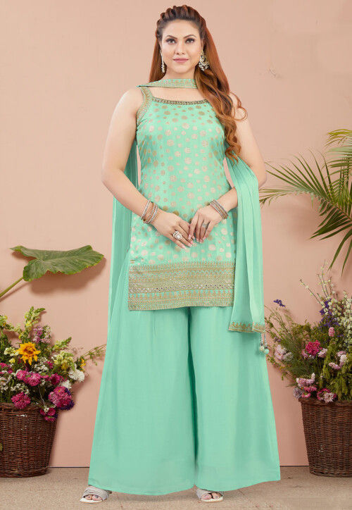 Foil Printed Art Silk Pakistani suit in Green