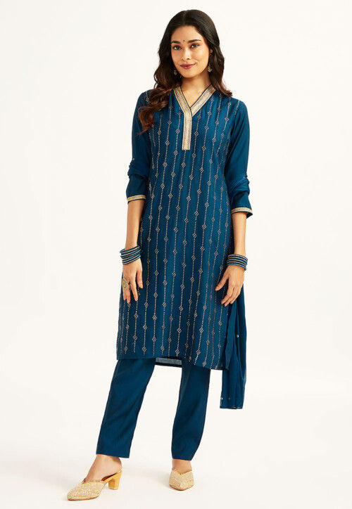 Foil Printed Art Silk Pakistani Suit in Teal Blue