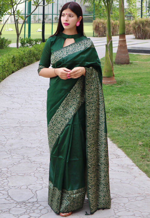 Buy Angoshobha Traditional Dark Green Cotton Soft Jamdani Saree with  Unstitched Blouse online
