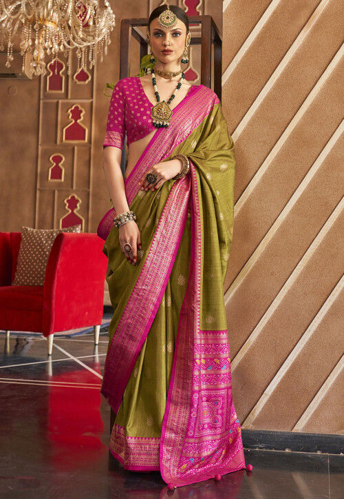 Foil Printed Art Silk Saree in Green