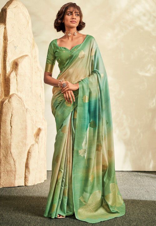 Foil Printed Art Silk Saree in Shaded Green and Beige