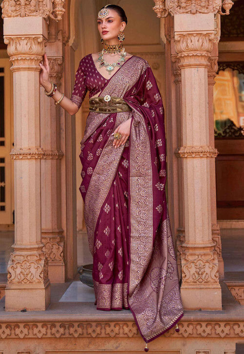 Wine Color Floral & Foil Work Gaji Silk Saree - Clothsvi