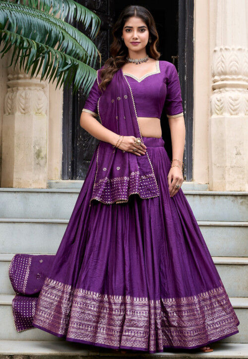 Foil Printed Chanderi Silk Lehenga in Dark Purple