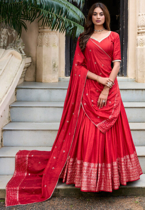 Foil Printed Chanderi Silk Lehenga in Red