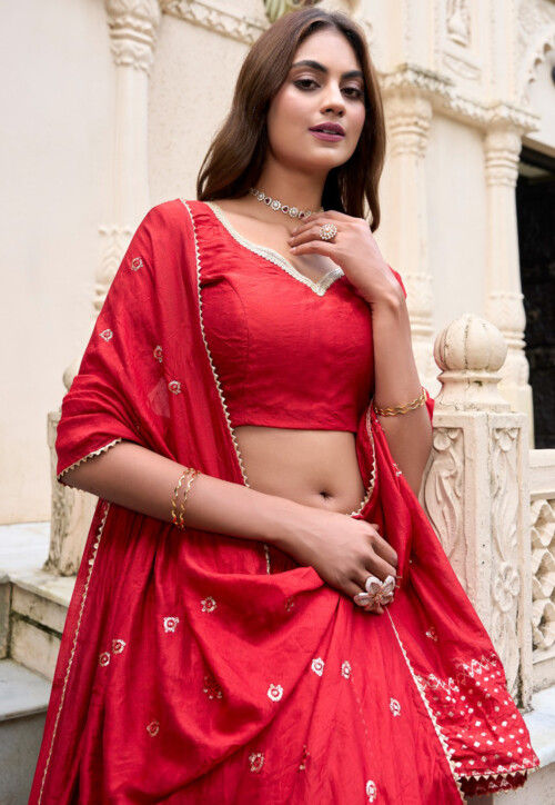 Foil Printed Chanderi Silk Lehenga in Red