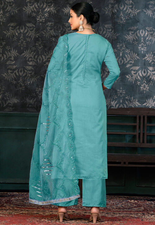 Foil Printed Chanderi Silk Pakistani Suit in Light Blue : KJC3152