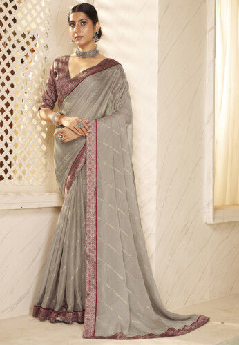 Foil Printed Chiffon Saree in Grey