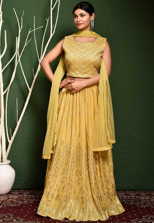 Foil Printed Chinon Chiffon Lehenga in Yellow