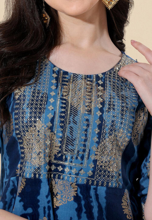 Foil Printed Cotton A Line Kurta in Navy Blue