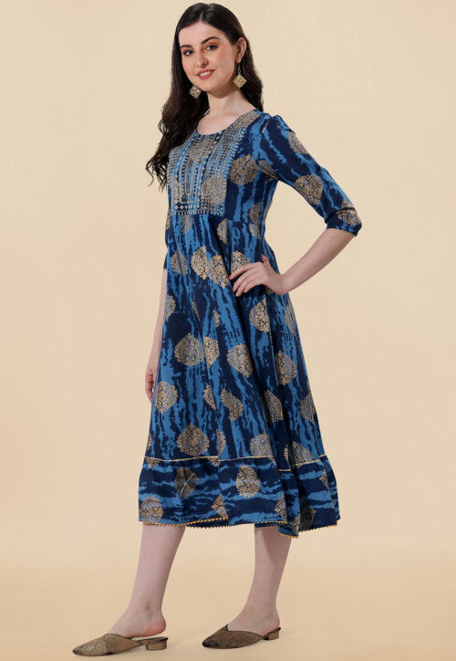 Foil Printed Cotton A Line Kurta in Navy Blue