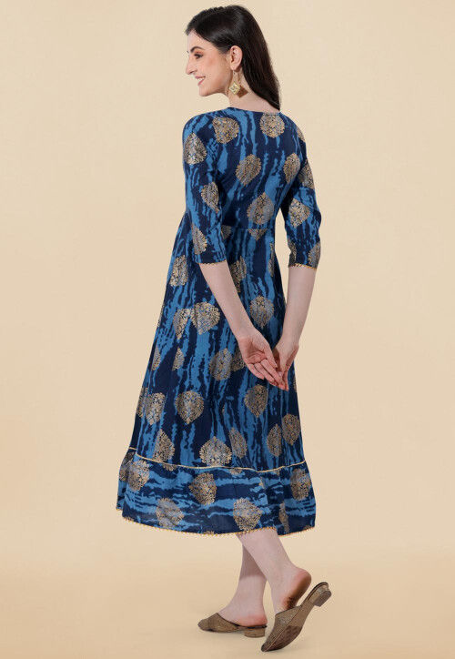 Foil Printed Cotton A Line Kurta in Navy Blue