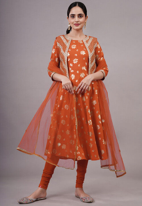 Foil Printed Cotton A Line Suit in Rust