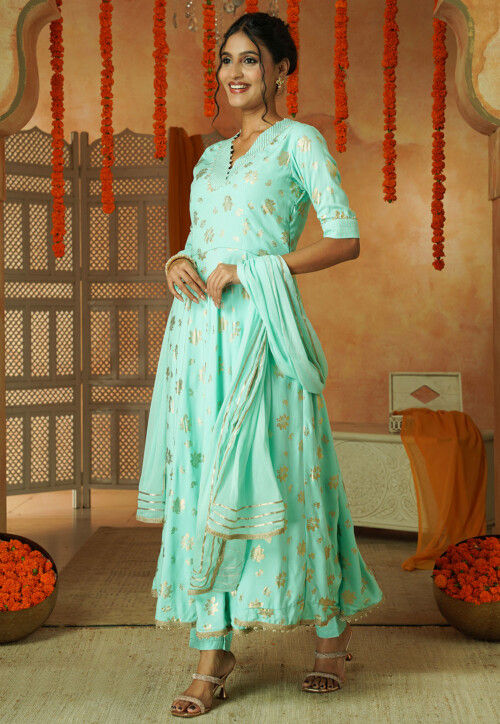 Foil Printed Cotton A Line Suit in Sky Blue