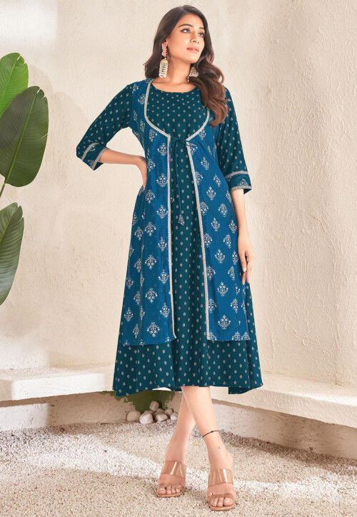 Foil Printed Cotton Aline Kurta with Jacket in Teal Blue