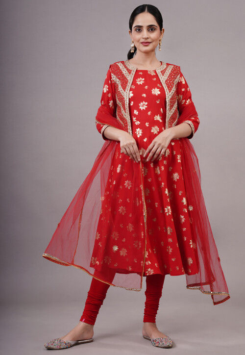 Foil Printed Cotton Aline Suit in Red