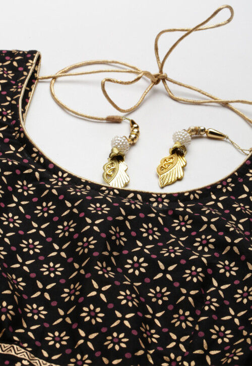 Foil Printed Cotton Anarkali Suit in Black