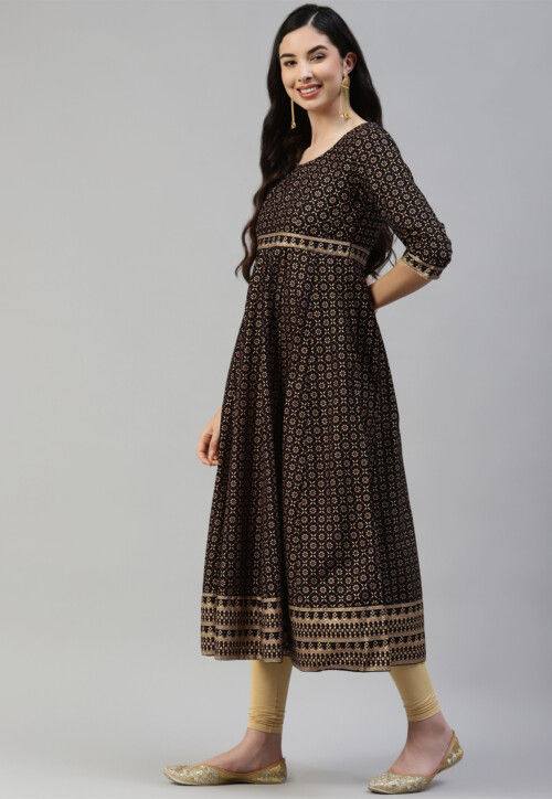 Foil Printed Cotton Anarkali Suit in Black