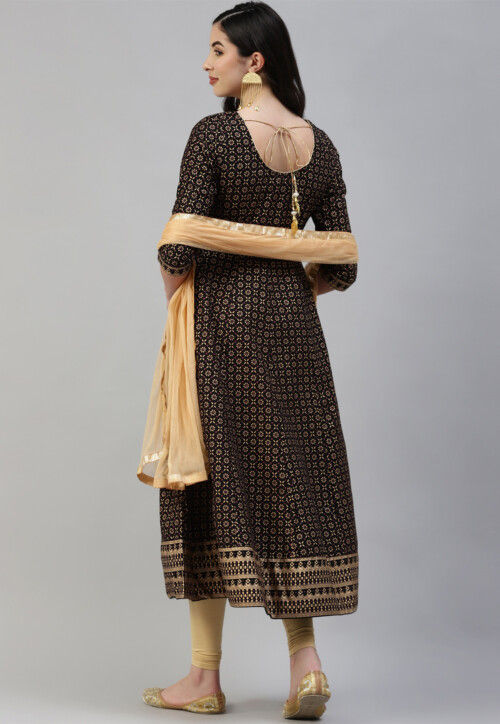 Foil Printed Cotton Anarkali Suit in Black