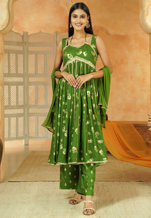 Foil Printed Cotton Anarkali Suit in Green