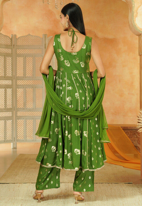 Foil Printed Cotton Anarkali Suit in Green