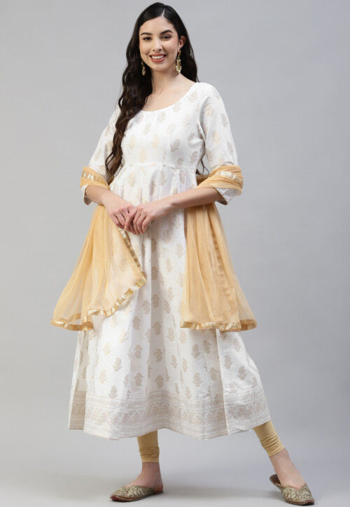 Off White Embroidered Faux Georgette Anarkali Suit