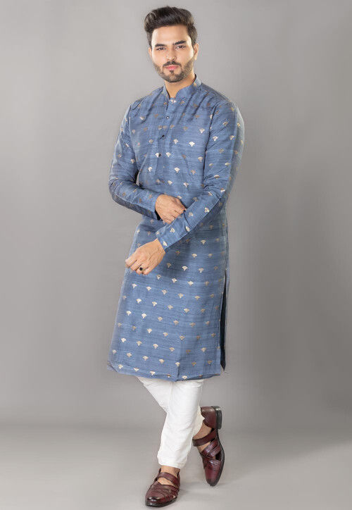 Foil Printed Cotton Kurta Set in Grey