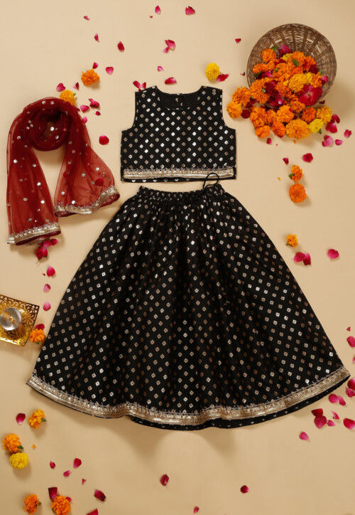 Foil Printed Cotton Lehenga in Black